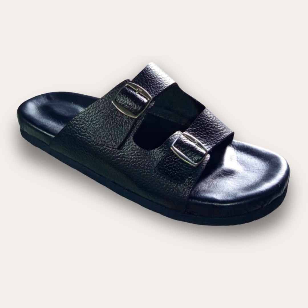 Sandalia de Piel Graneada con Hebillas Ajustables y Plantilla de Cuero para Hombre
